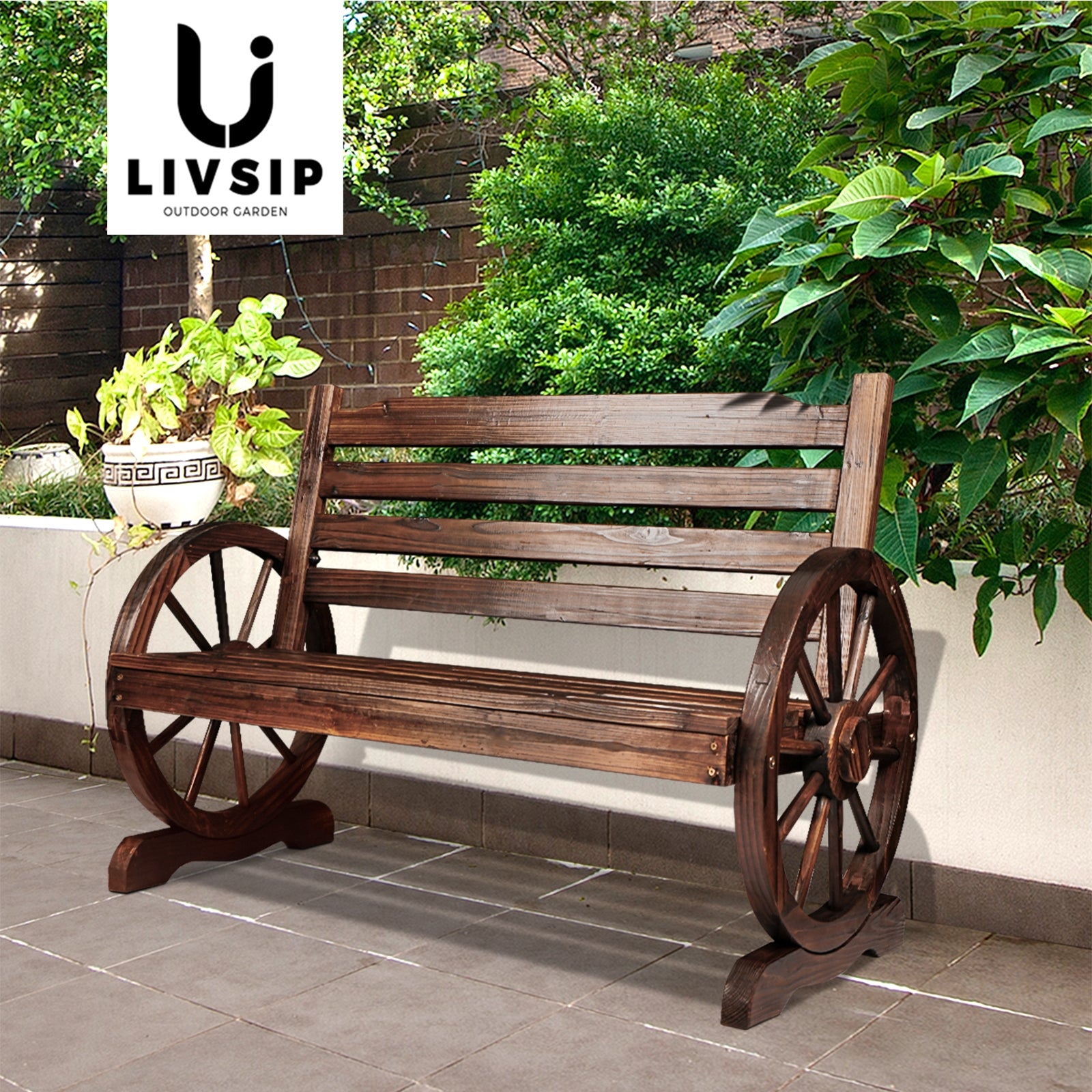 Livsip Wooden Wagon Chair Garden Bench Seat Outdoor Patio Furniture Lounge Wheel