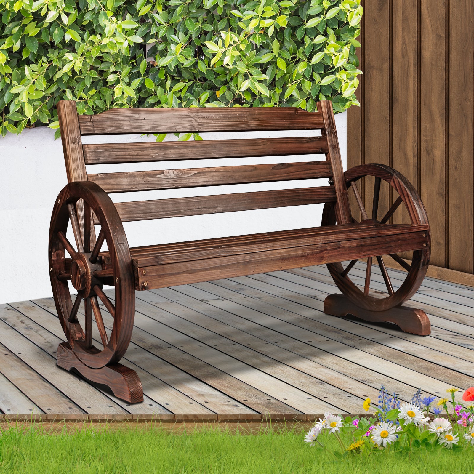 Livsip Wooden Wagon Chair Garden Bench Seat Outdoor Patio Furniture Lounge Wheel