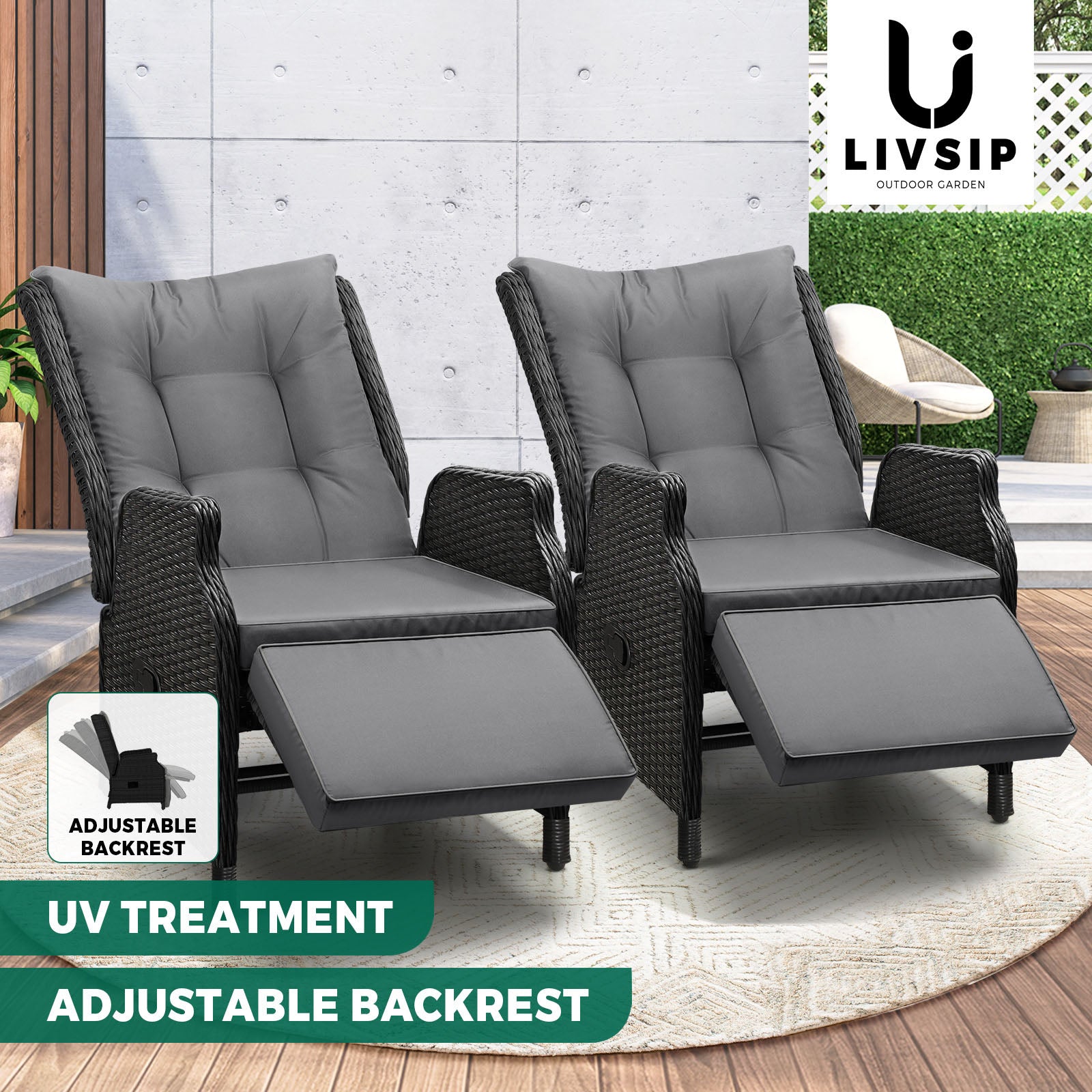 Livisip Sun Lounge Recliner Chairs Outdoor Furniture Patio Wicker Sofa 2 Piece