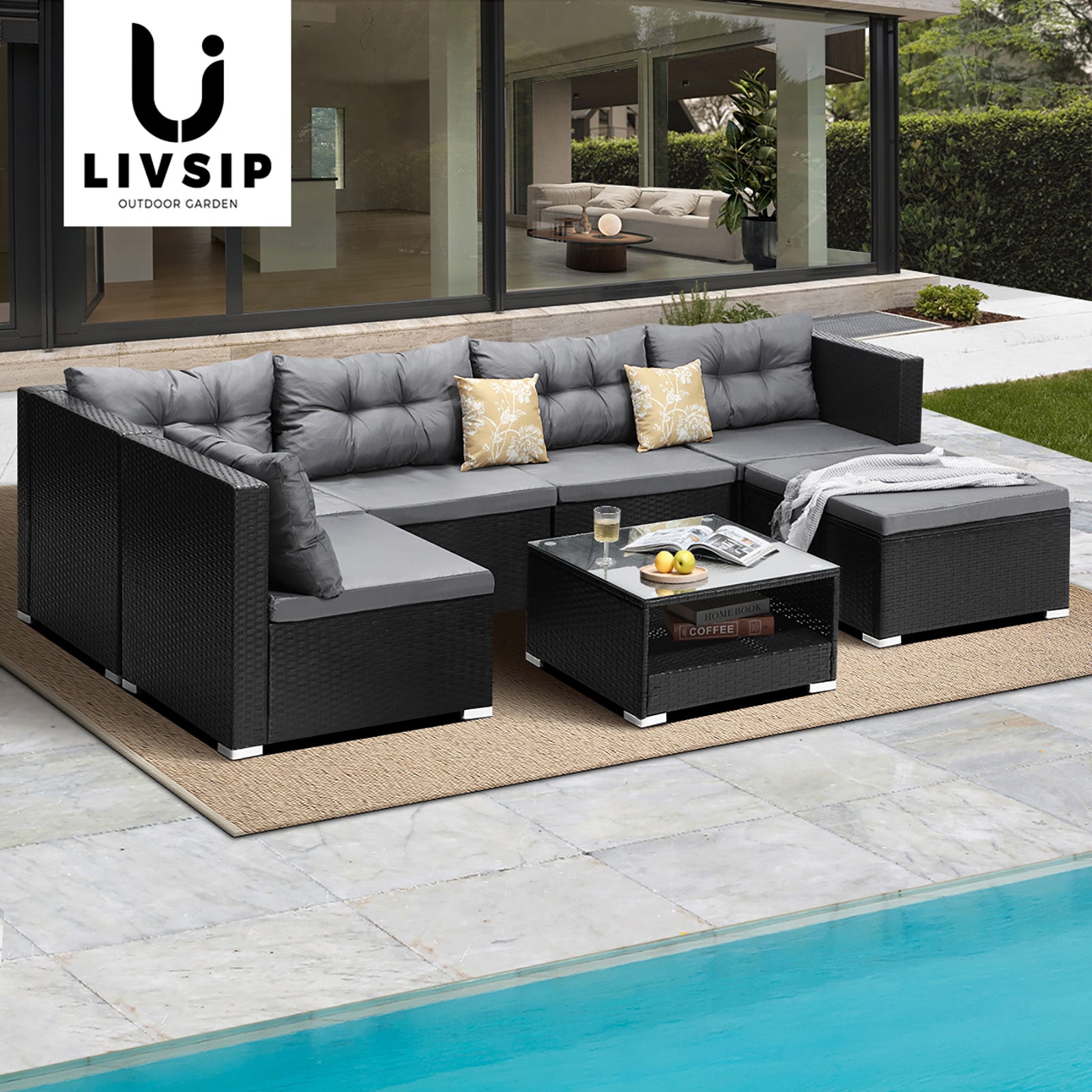 Livsip Outdoor Lounge Setting 7pc Wicker Sofa Set Furniture Rattan Patio Garden