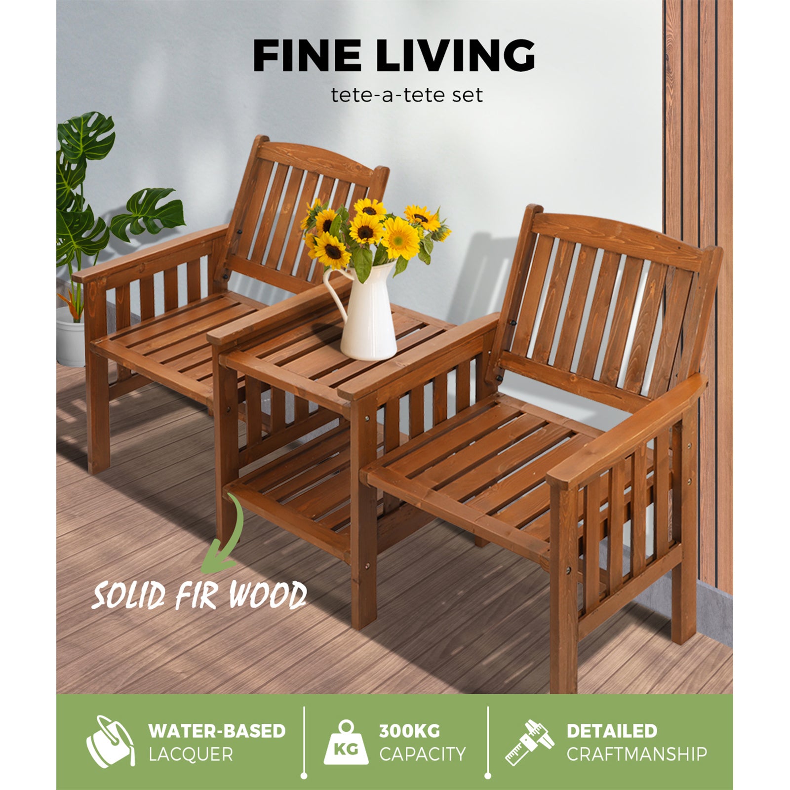 Livsip Wooden Garden Bench Table 2 Seater Loveseat Patio Chair Outdoor Furniture