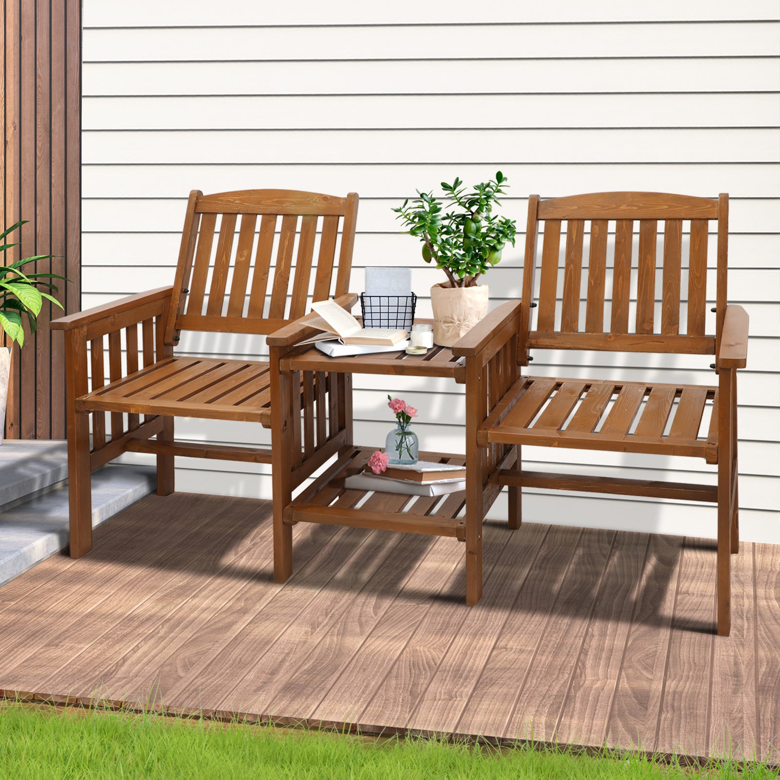 Livsip Wooden Garden Bench Table 2 Seater Loveseat Patio Chair Outdoor Furniture