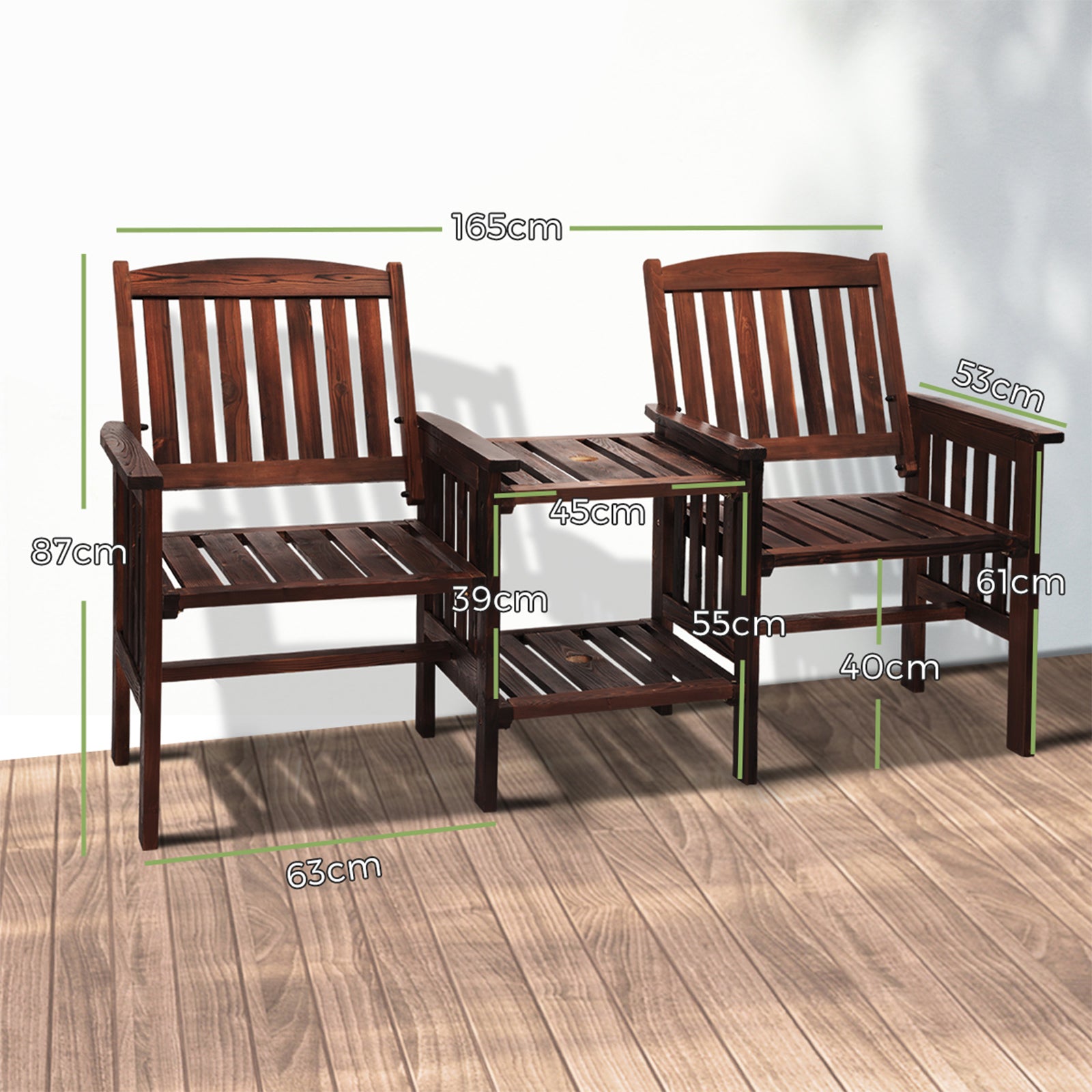 Livsip Outdoor Wooden Chair Garden Bench 2 Seat & Table Loveseat Patio Furniture