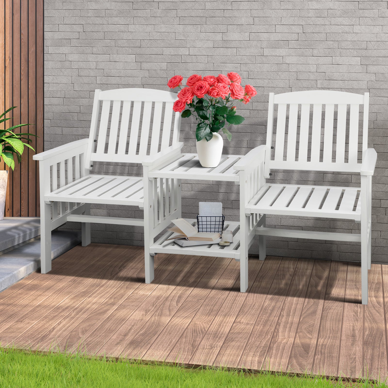 Livsip Wooden Garden Bench 2 Seat Table Loveseat Outdoor Patio Furniture White