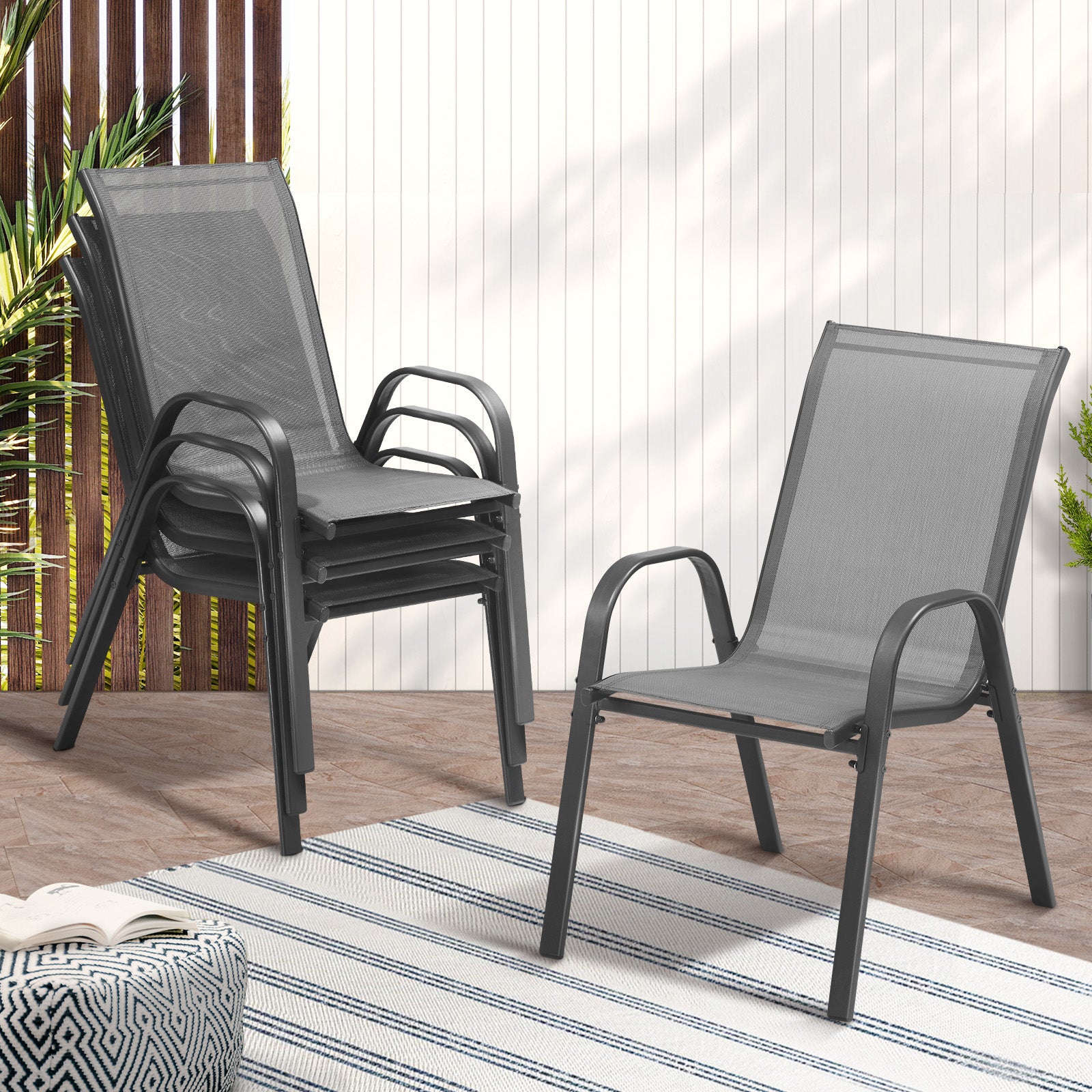 Livsip Outdoor Stackable Chairs Patio Furniture Lounge Chair Bistro Set 4x Grey