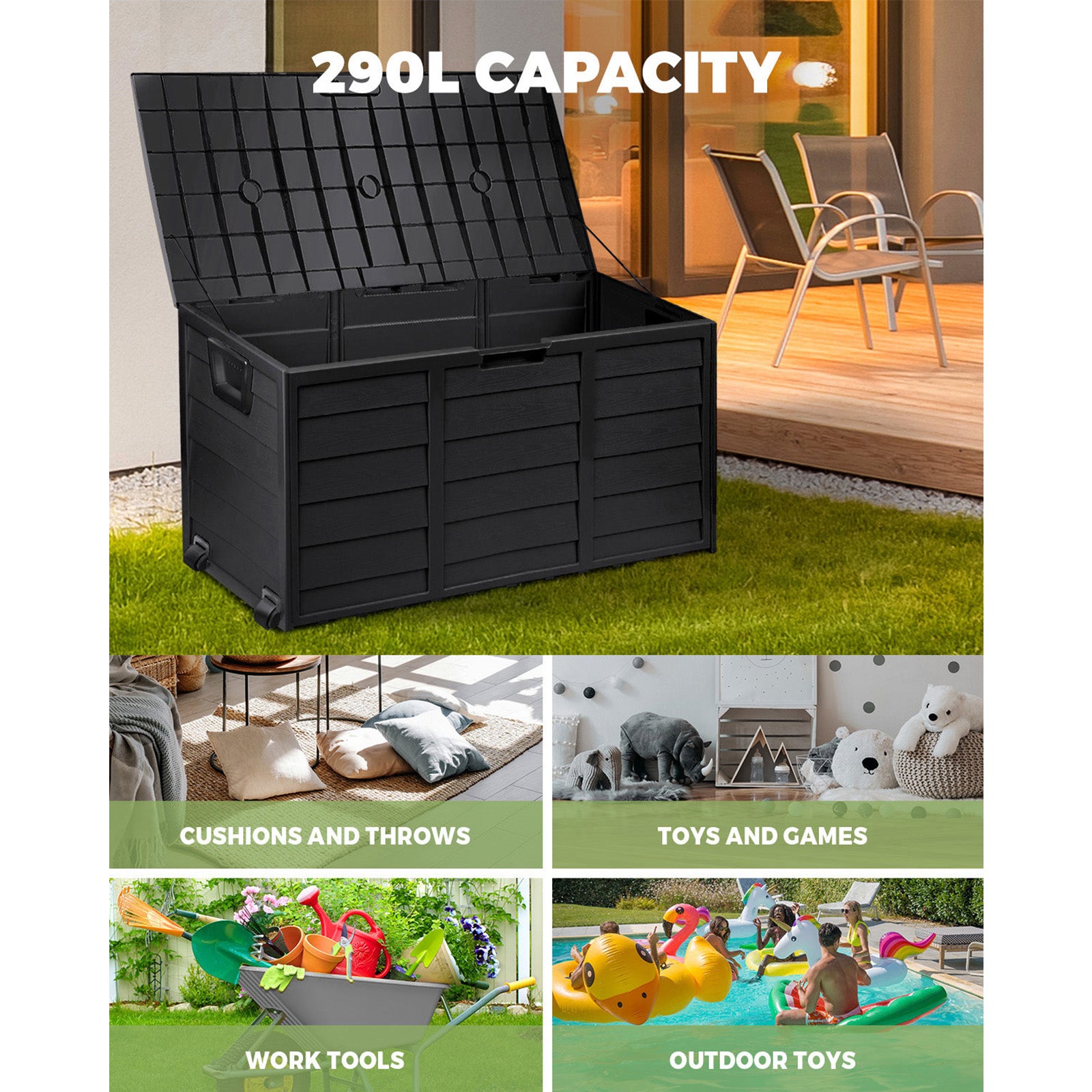 Outdoor Storage Box Container Garden Shed Toys Tool Chest Indoor Outdoor Black