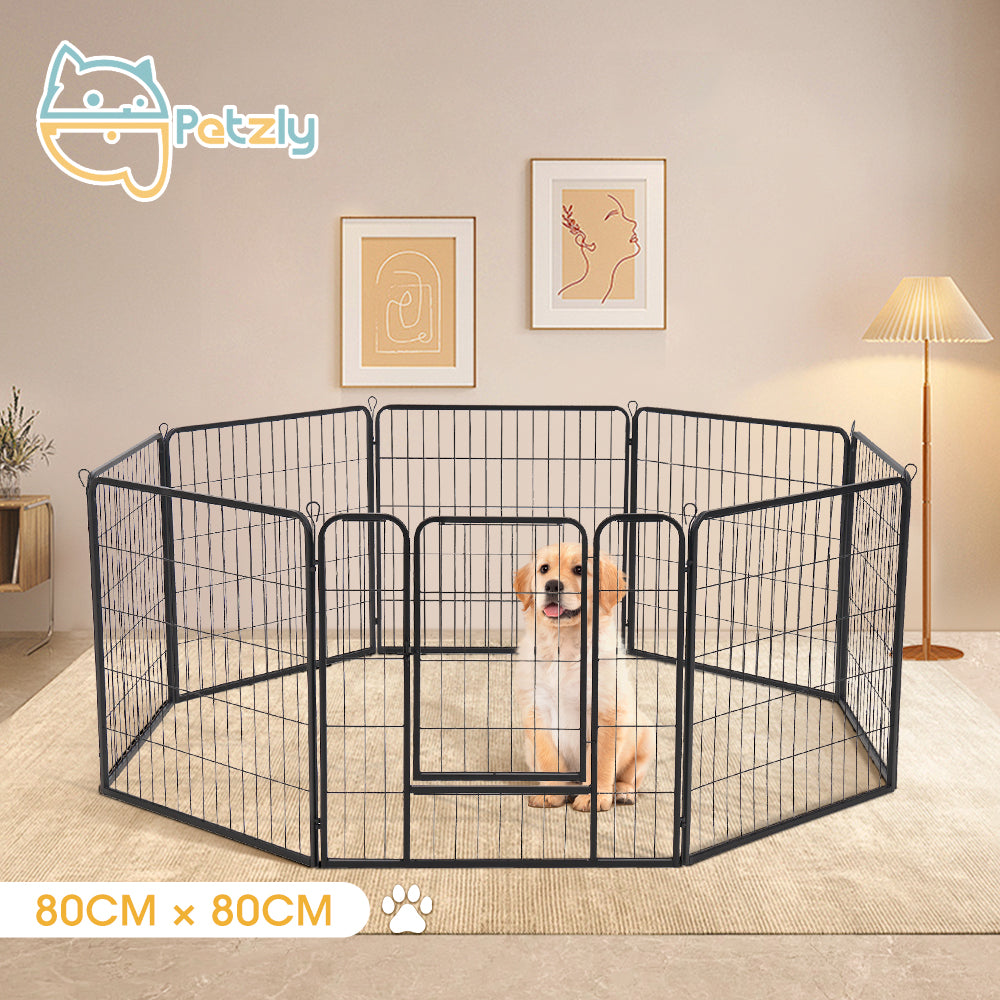 Petzly Dog Playpen Puppy Exercise Cage Pet Cage Enclosure 8 Panel 80x80CM Black