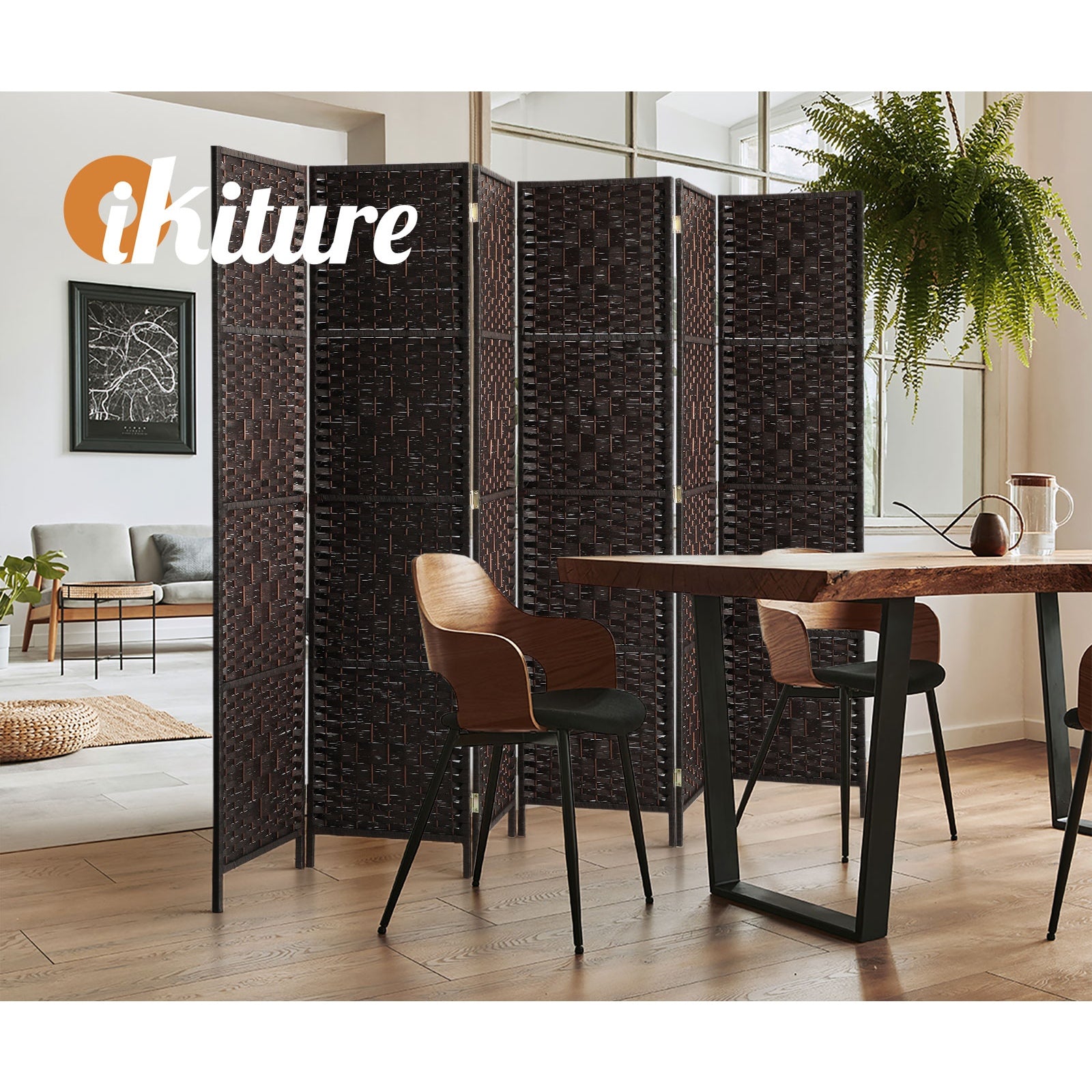 Oikiture 6 Panel Room Divider Screen Privacy Dividers Woven Wood Folding Brown