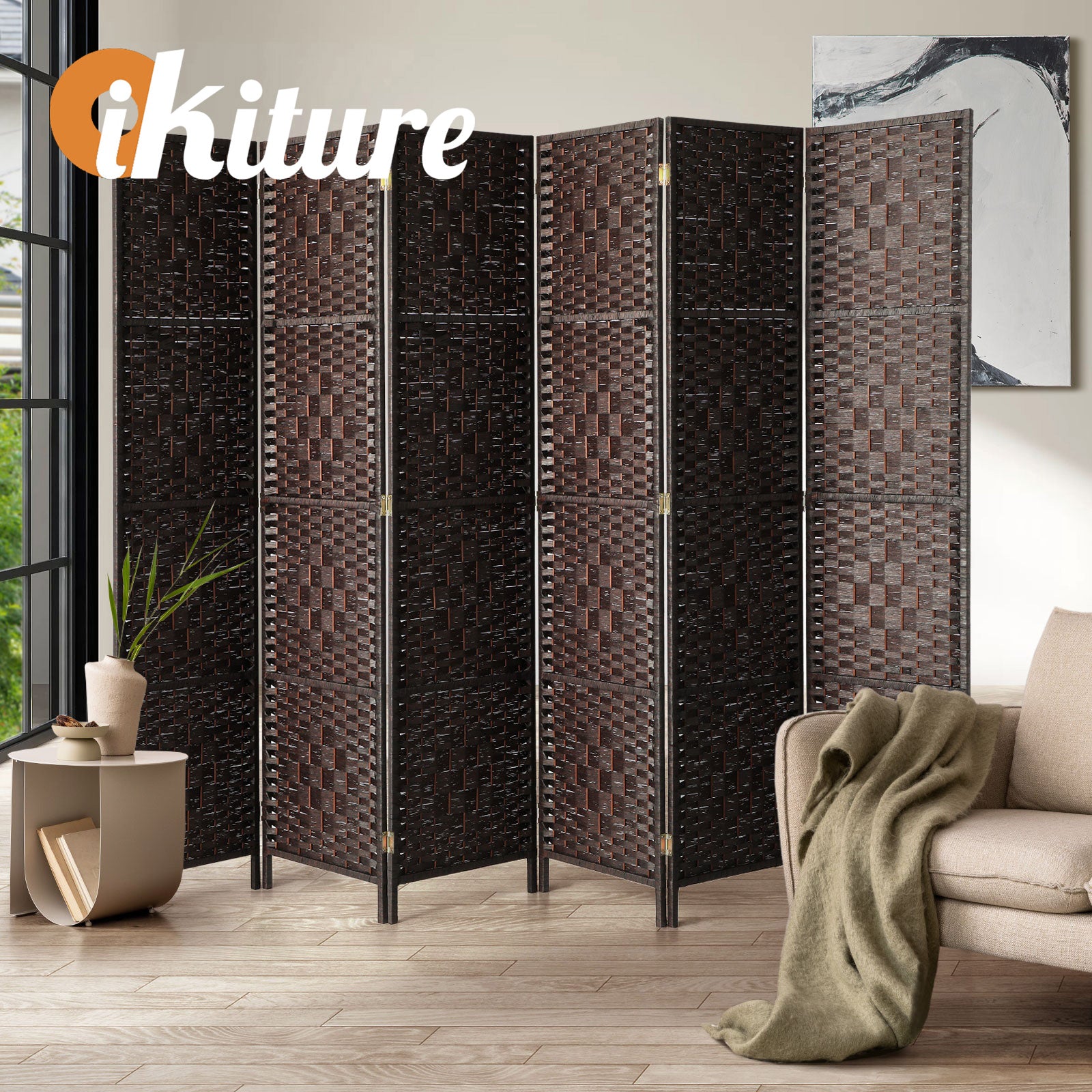 Oikiture 6 Panel Room Divider Screen Privacy Dividers Woven Wood Folding Brown