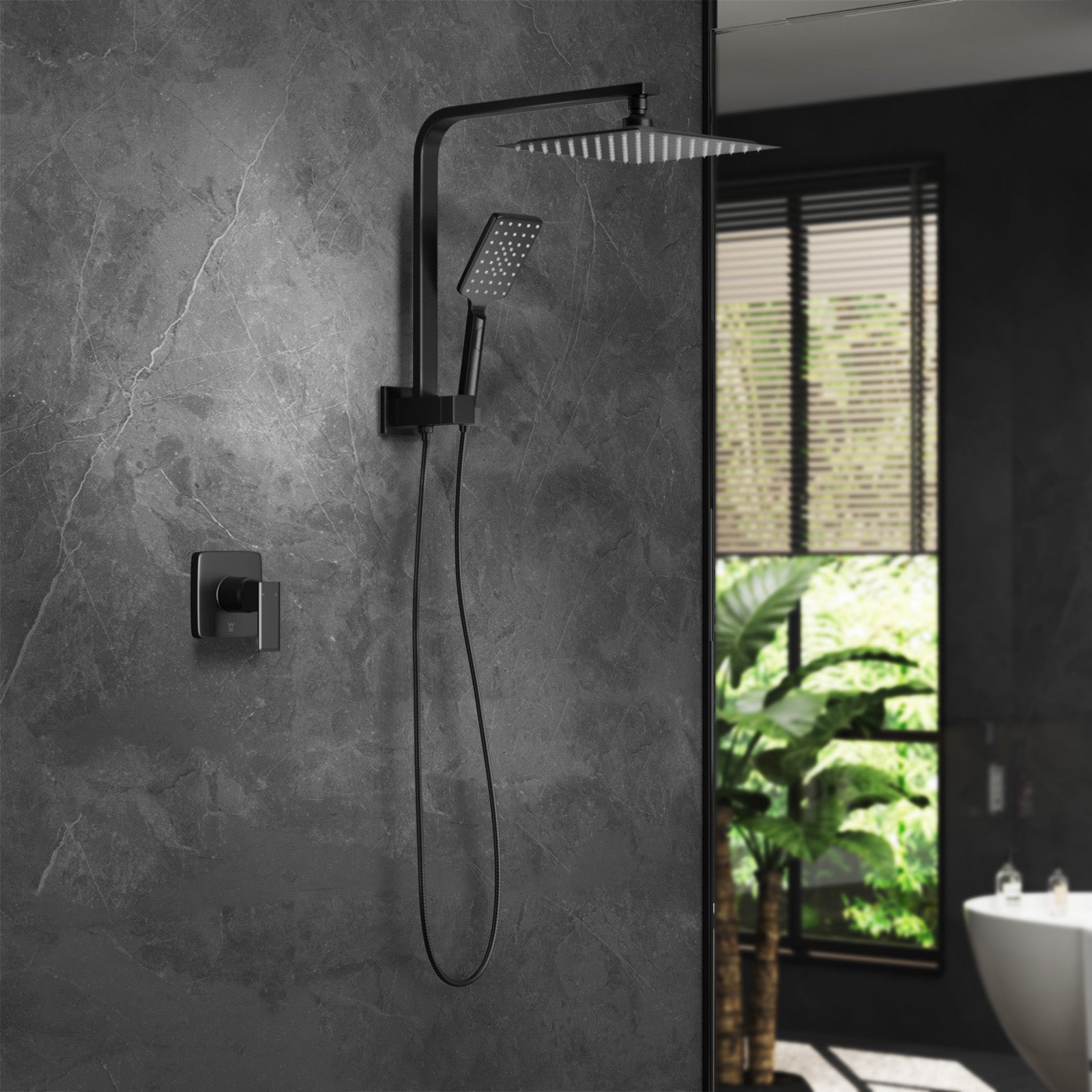 Welba 10" Rain Shower Head Set With Mixer Square 3-Mode Handheld Shower Black