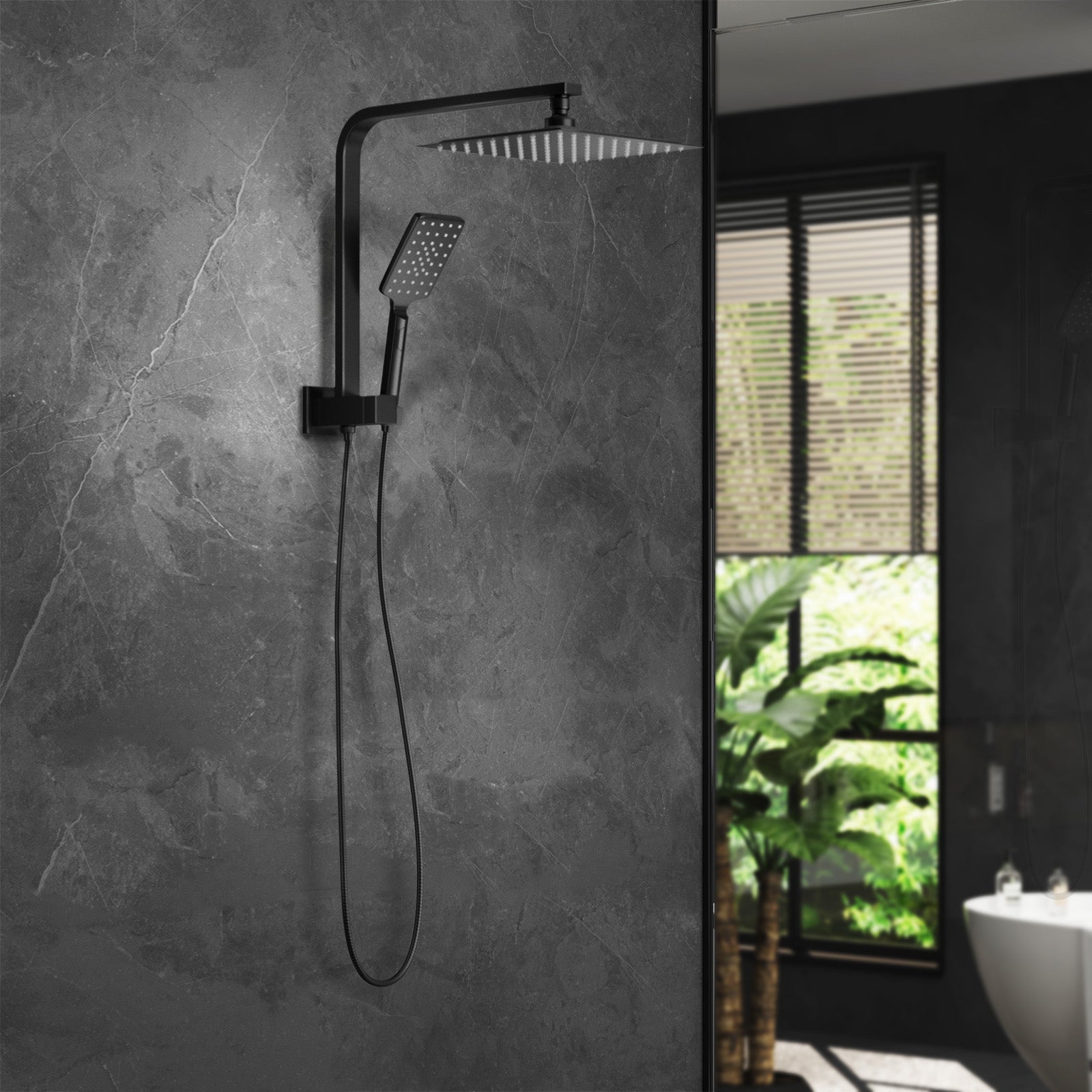 Welba 10" Rain Shower Head Set Square 3-Mode Handheld Shower Gooseneck Black