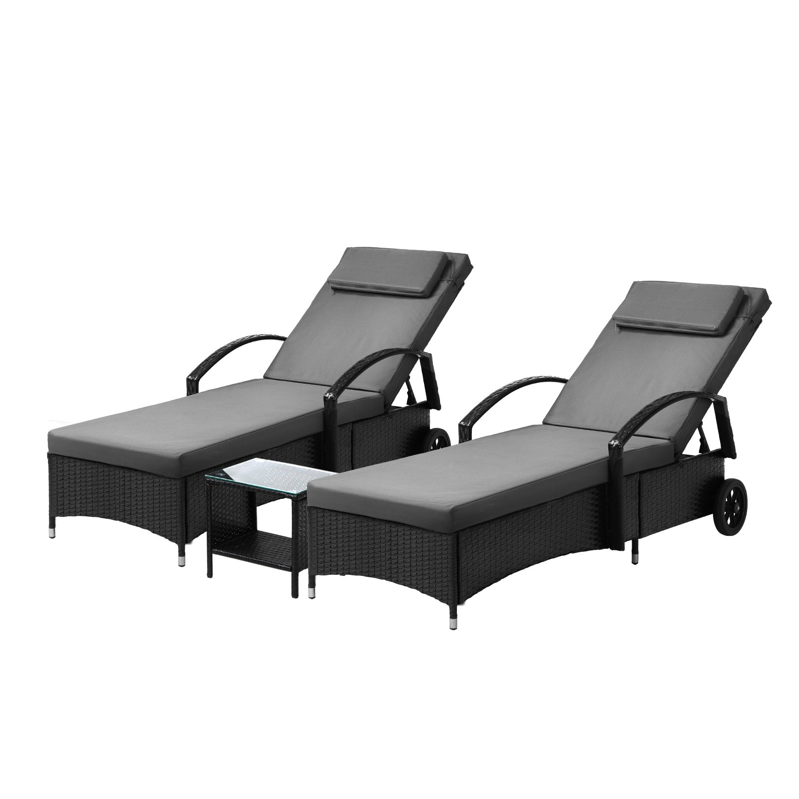 Livsip 2x Wheeled Sun Lounger Day Bed & Table Outdoor Setting Patio Furniture