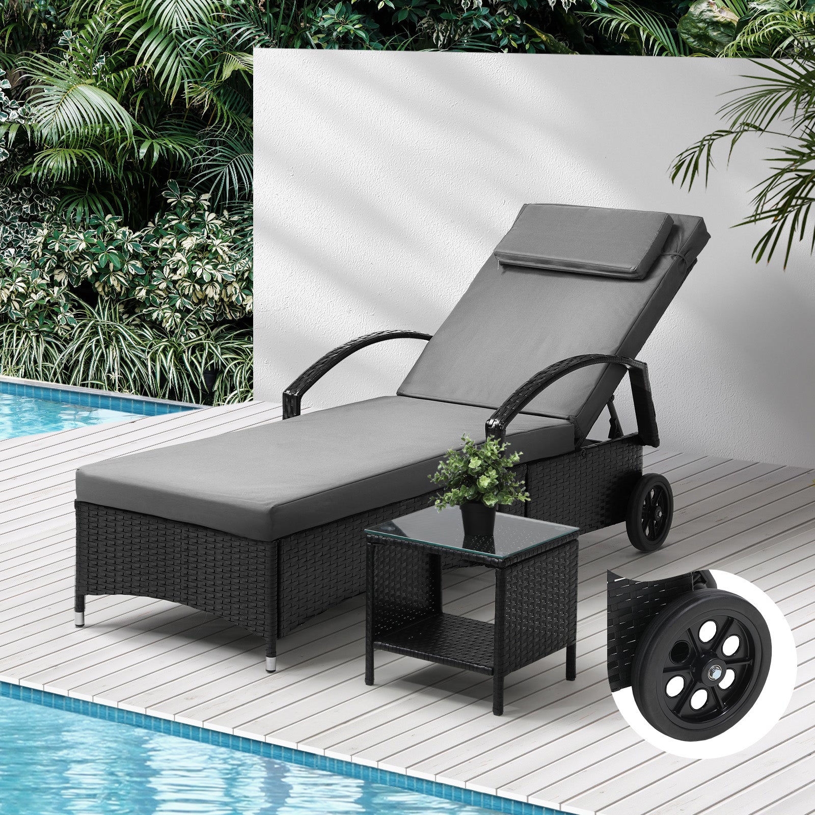 Livsip Sun Lounger Wheeled Day Bed with Table Set Outdoor Patio Furniture