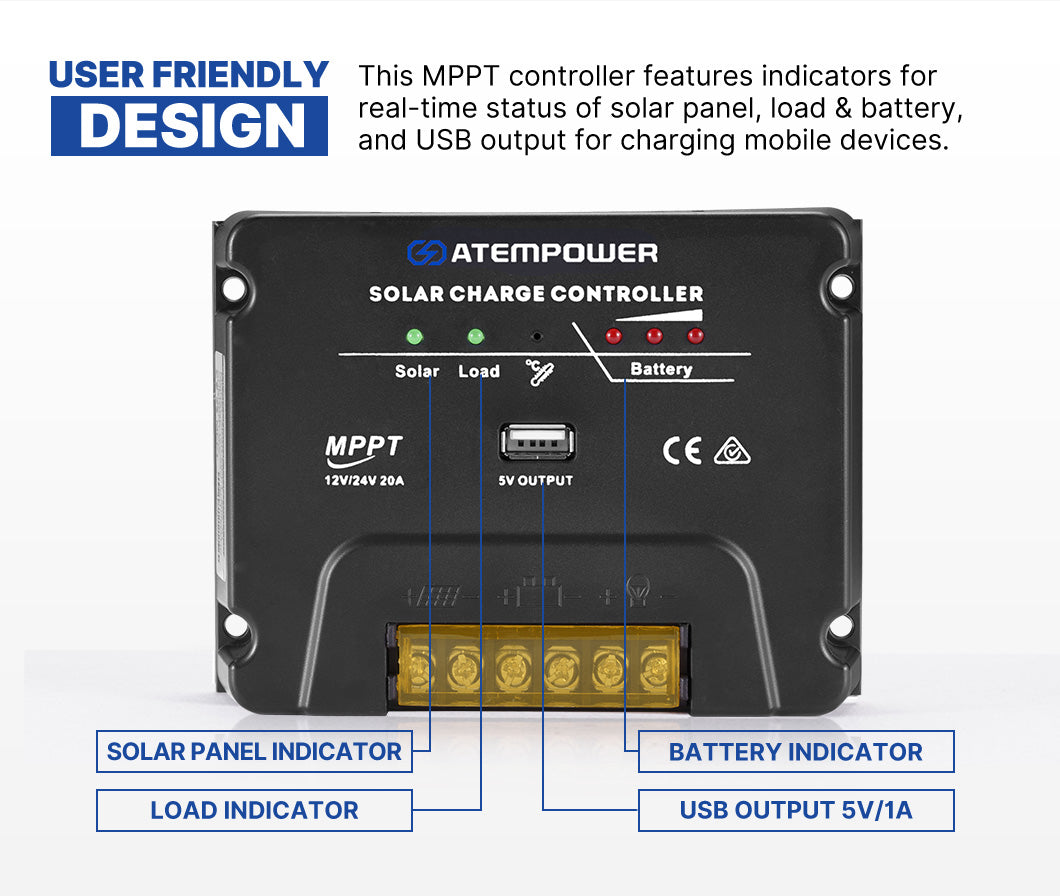 20A MPPT Solar Charge Controller Solar Panel Battery Regulator 12V/24V USB Output