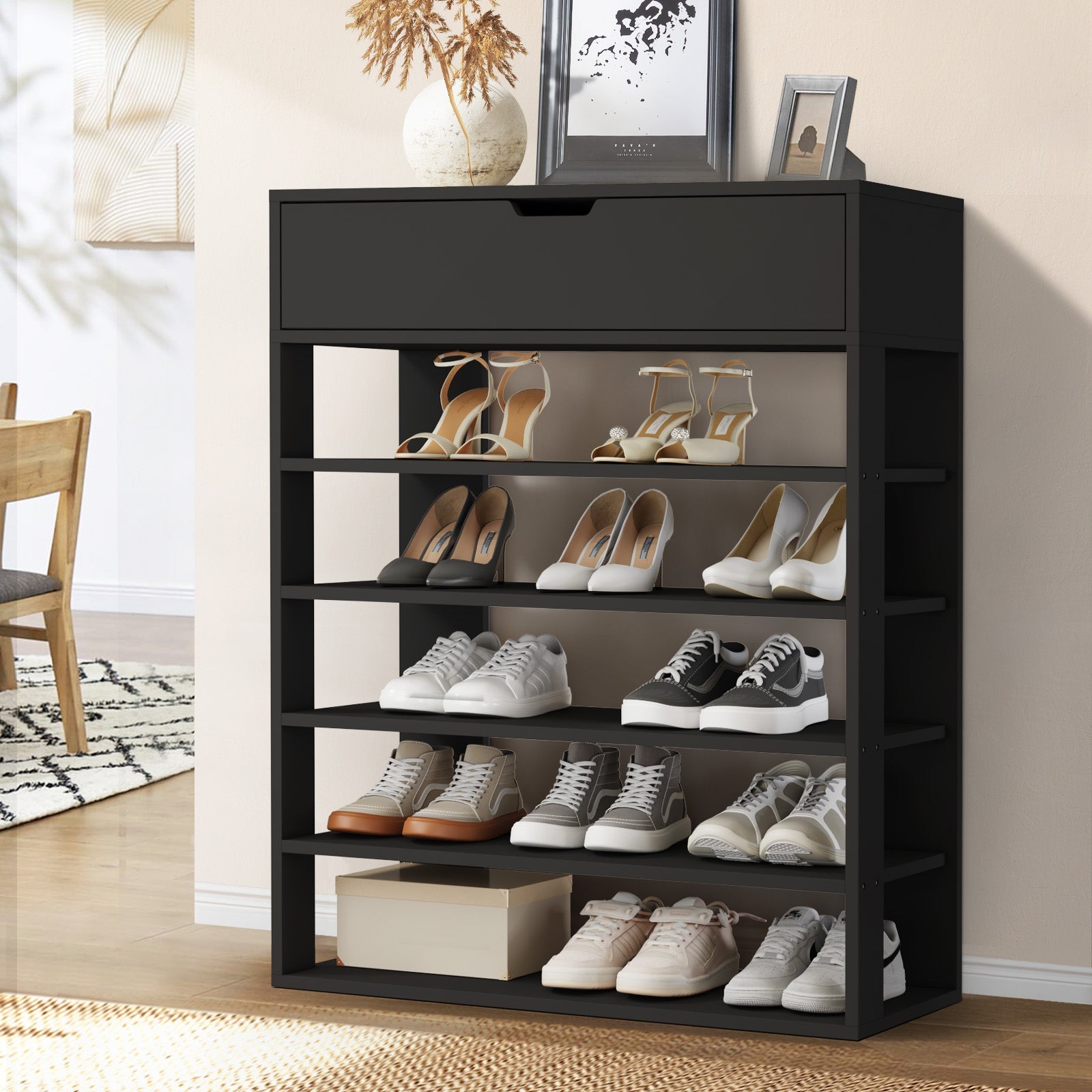 Oikiture Shoes Storage Rack 5-tier Shelves Shoe Storage Cabinet Drawer Black