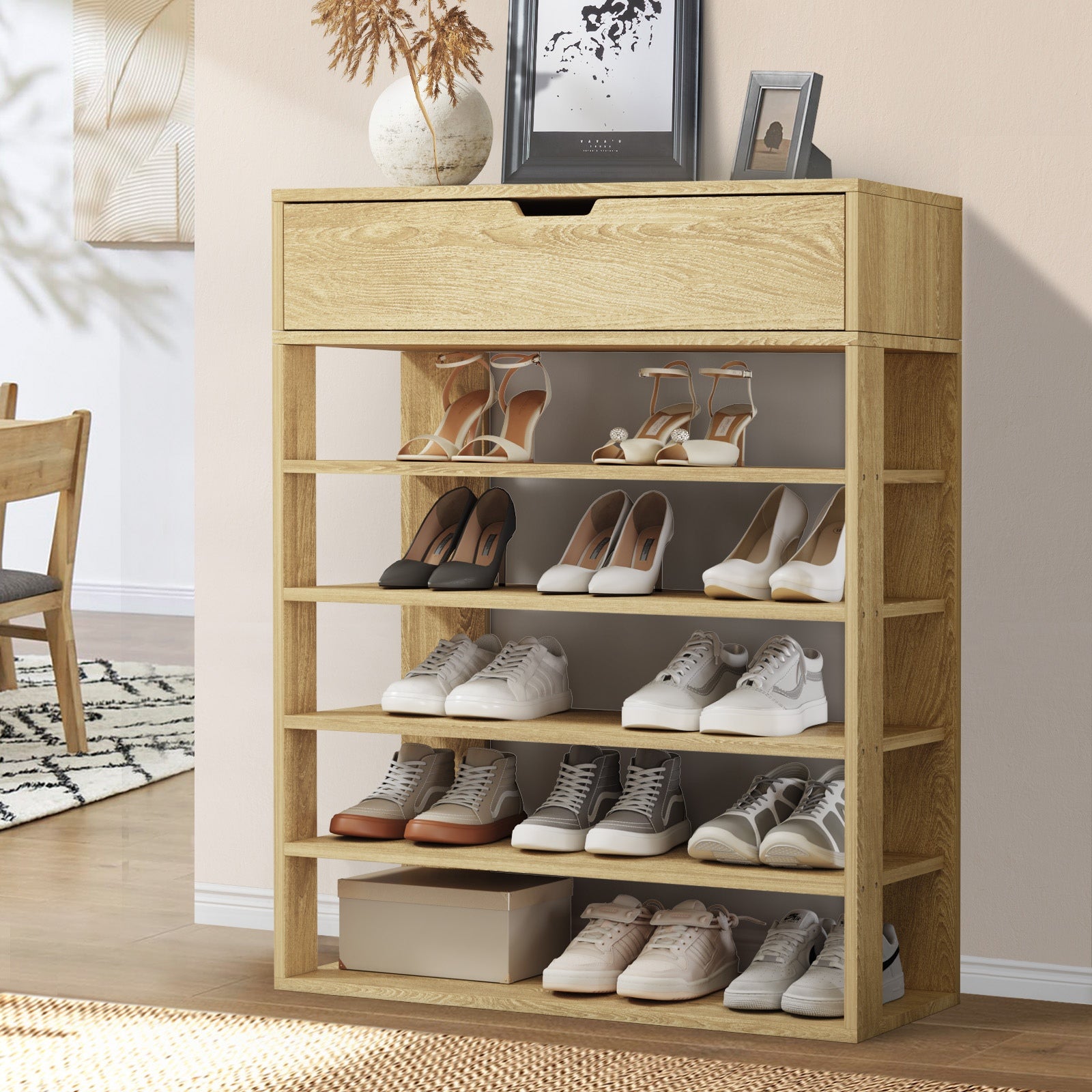 Oikiture Shoes Storage Rack 5-tier Shelves Shoe Storage Cabinet Drawer Natural