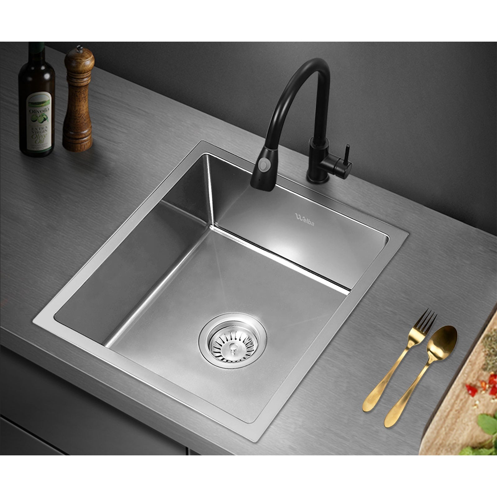 Welba Kitchen Sink Stainless Steel Bathroom Laundry Basin Single Silver 44X38CM