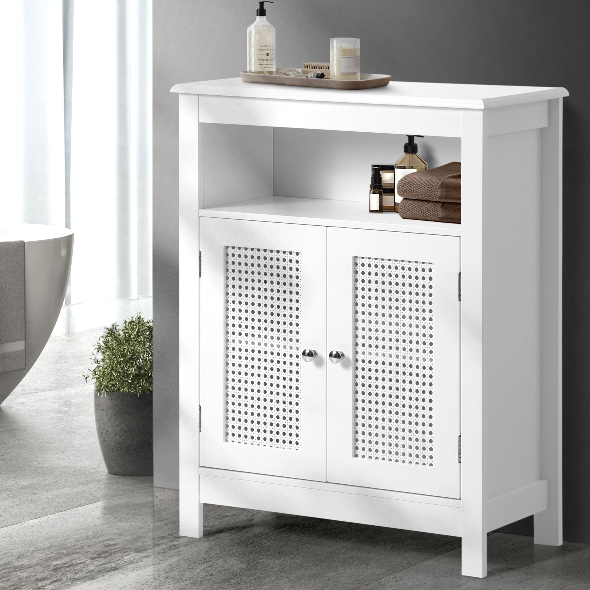 Oikiture Bathroom Cabinet Floor Cupboard Laundry Storage Two Rattan Door White