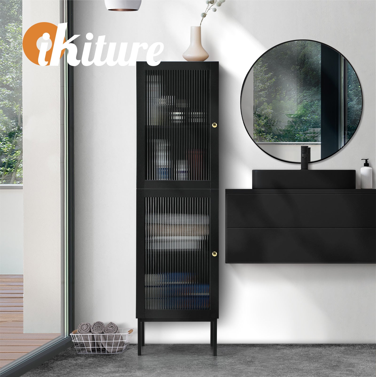 Oikiture Bathroom Cabinet Storage Tall Slim Cupboard Tempered Glass Door Black