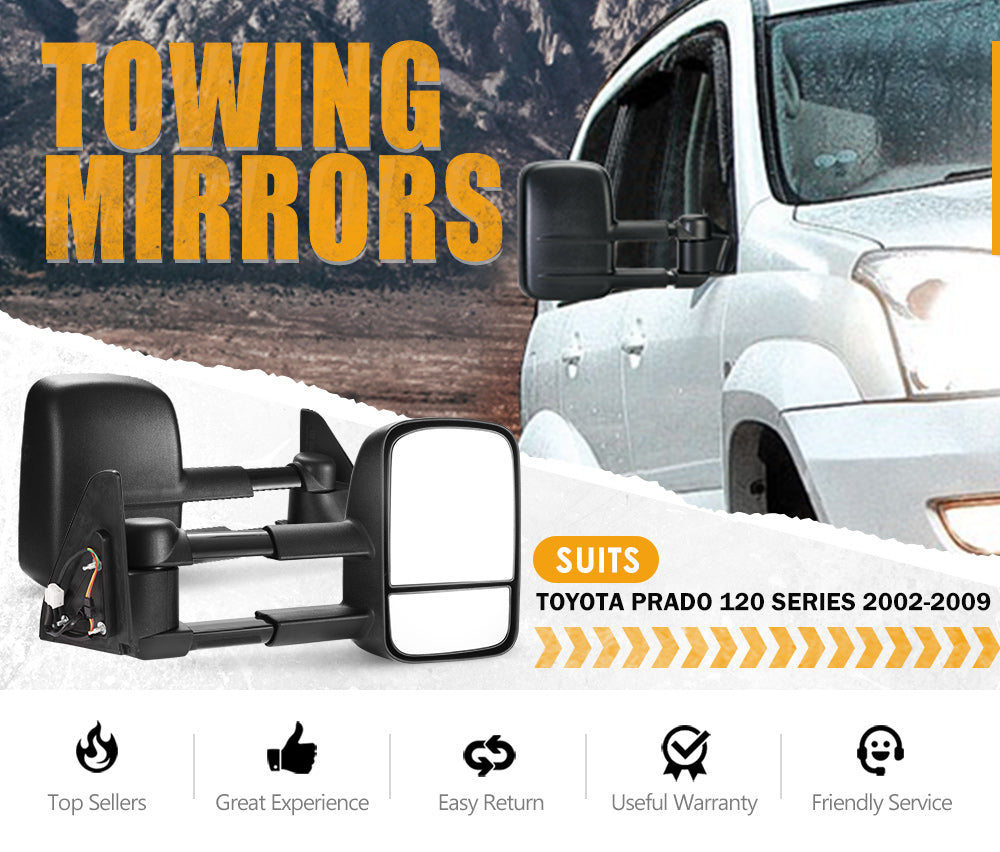 Pair Towing Extendable Mirrors Gen1 suit Toyota Prado 120 Series 2002-2009