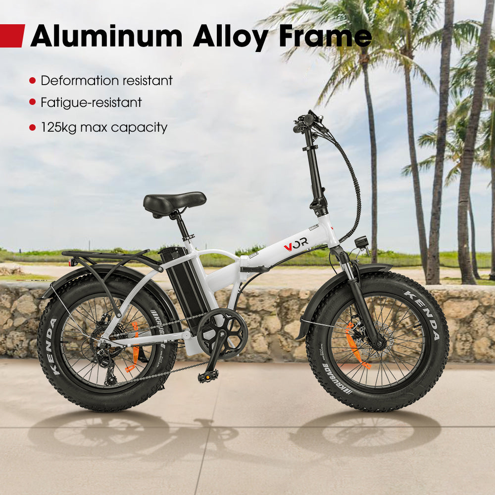 VOR 20 inch Folding Electric Bike 250W Brushless Shimano 7 Speed 4 inch Fat Tires White