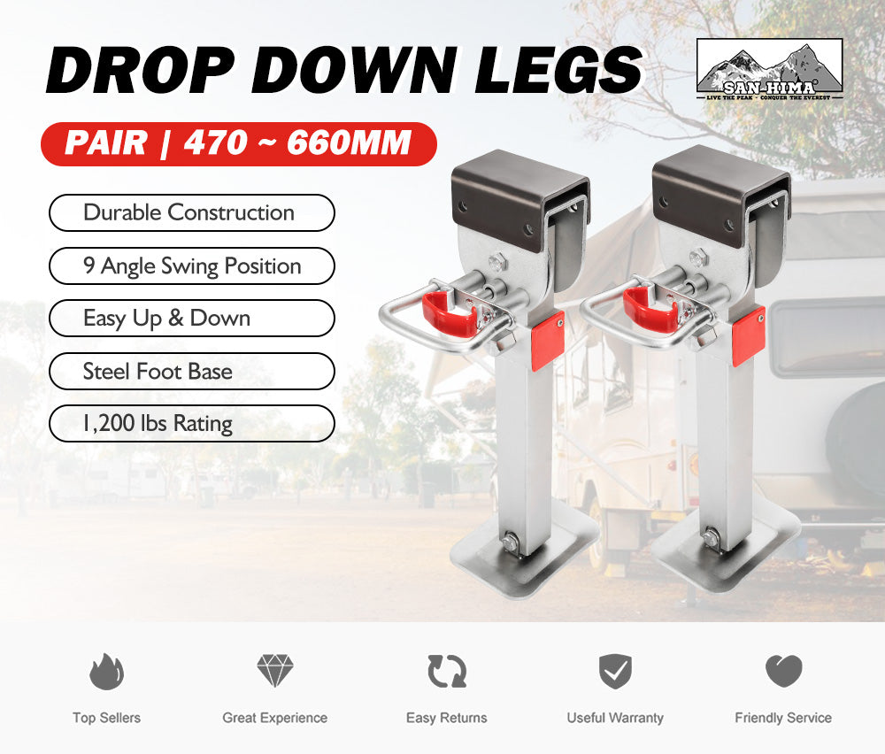 4x 470mm Drop Down Corner Legs Steadies & Handle Steel Foot Caravan Trailer