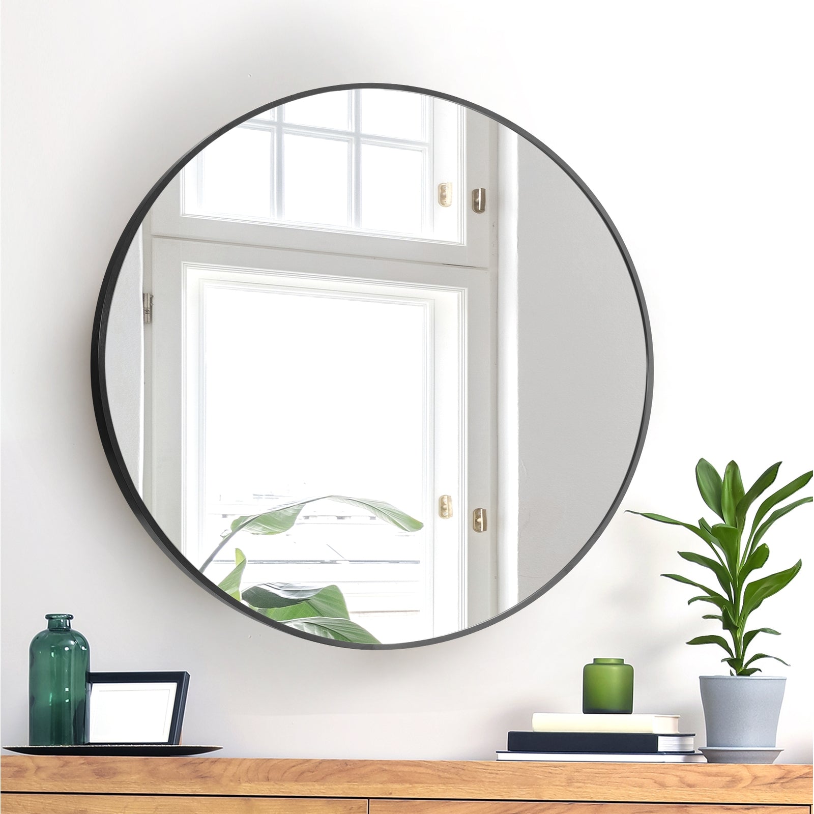 Oikiture 60cm Wall Mirrors Round Makeup Mirror Home Decro Black Living Room