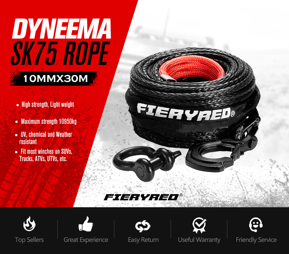 Winch Rope 10MM x 30M Dyneema SK75 Hook Synthetic Car Tow Recovery Cable Black